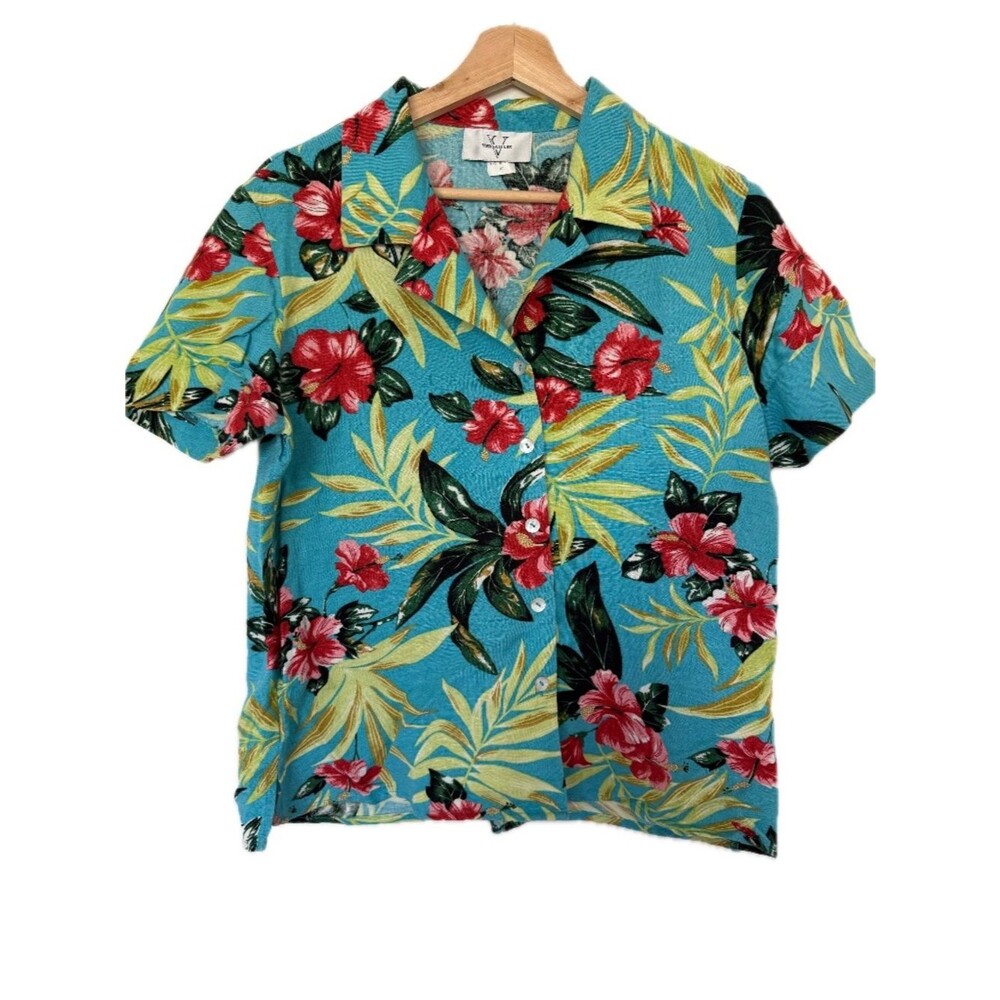 Hibiscus Flower Print Button Down Short Sleeve Shirt / Blouse 10